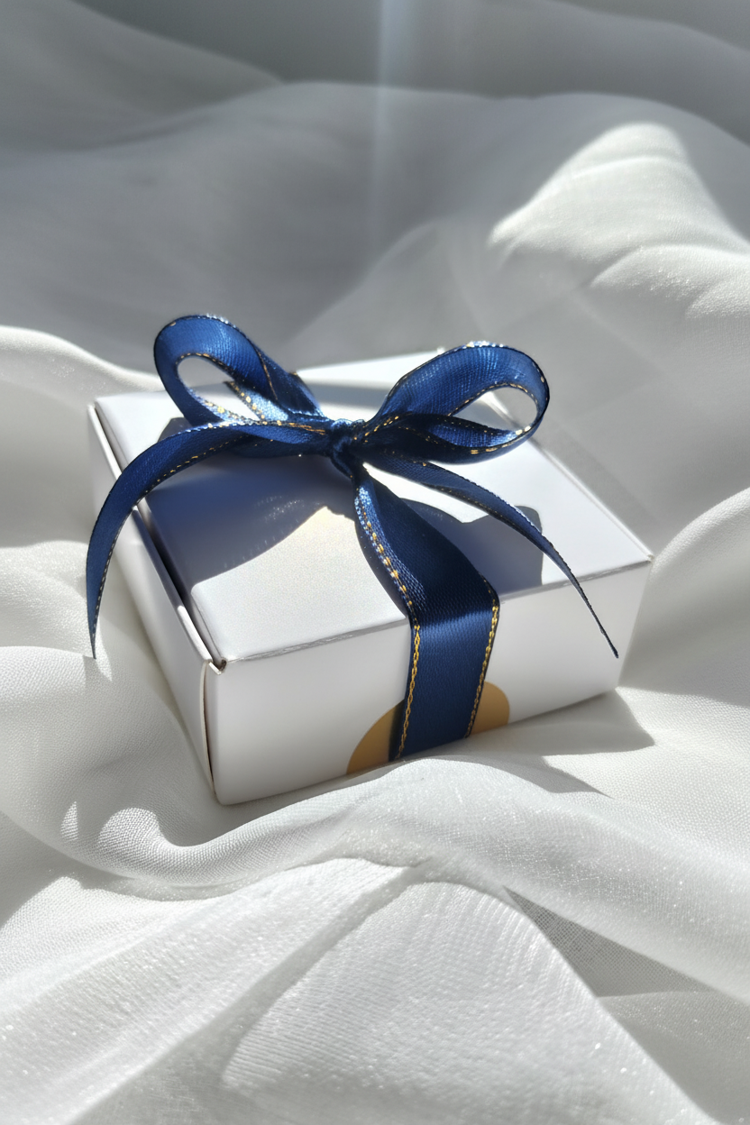 The Ritual Box by Gold Bean — closed white gift box with navy ribbon